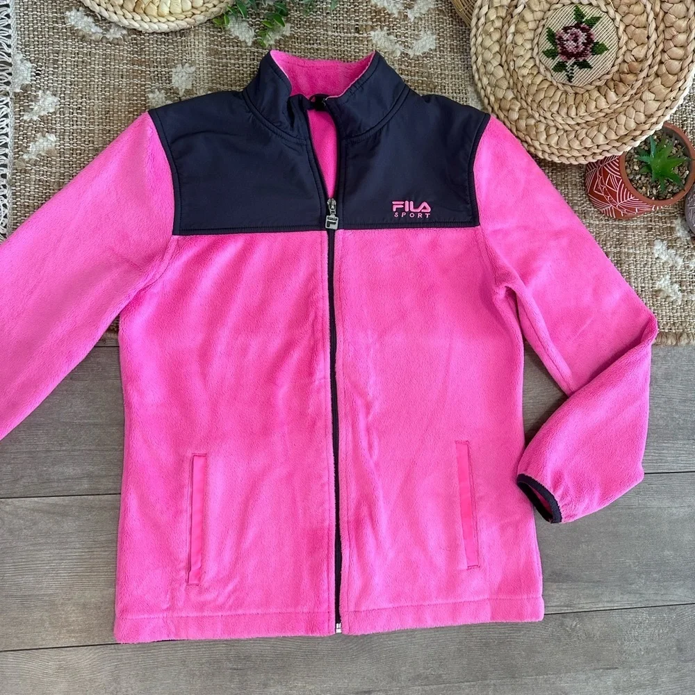 Fila Girls Sports Fleece Full Zip Jacket Ultra Soft Sz XL Hot Pink and Black